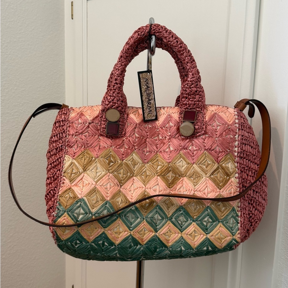 Maliparmi Multicolor Woven Satchel in Pink, Green and Tan